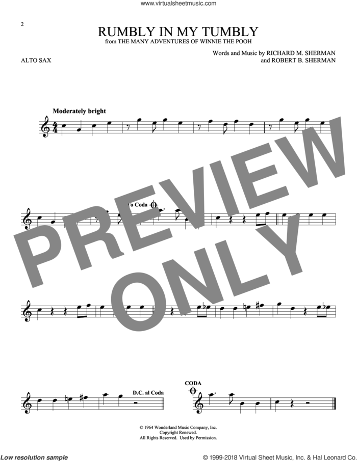 Rumbly In My Tumbly (from The Many Adventures Of Winnie The Pooh) sheet music for alto saxophone solo by Sherman Brothers, Richard M. Sherman and Robert B. Sherman, intermediate skill level