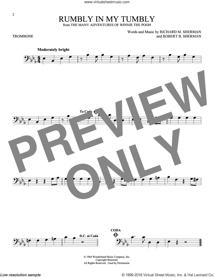 Rumbly In My Tumbly (from The Many Adventures Of Winnie The Pooh) sheet music for trombone solo by Sherman Brothers, Richard M. Sherman and Robert B. Sherman, intermediate skill level