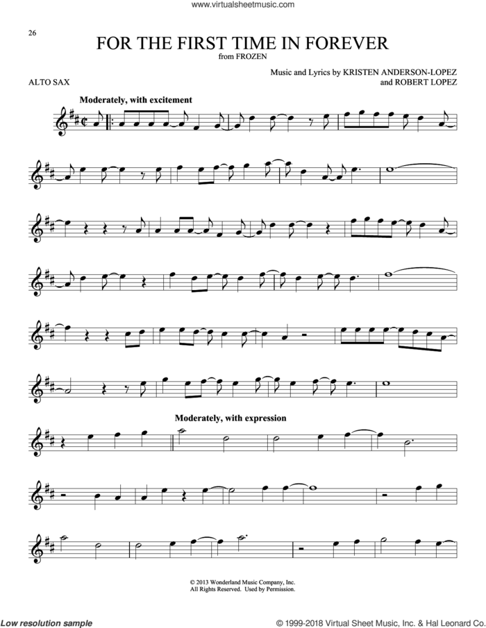 For The First Time In Forever (from Frozen) sheet music for alto saxophone solo by Kristen Bell, Idina Menzel, Kristen Anderson-Lopez and Robert Lopez, intermediate skill level