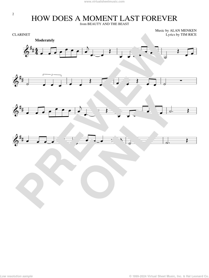 How Does A Moment Last Forever (from Beauty And The Beast) sheet music for clarinet solo by Celine Dion, Alan Menken and Tim Rice, intermediate skill level