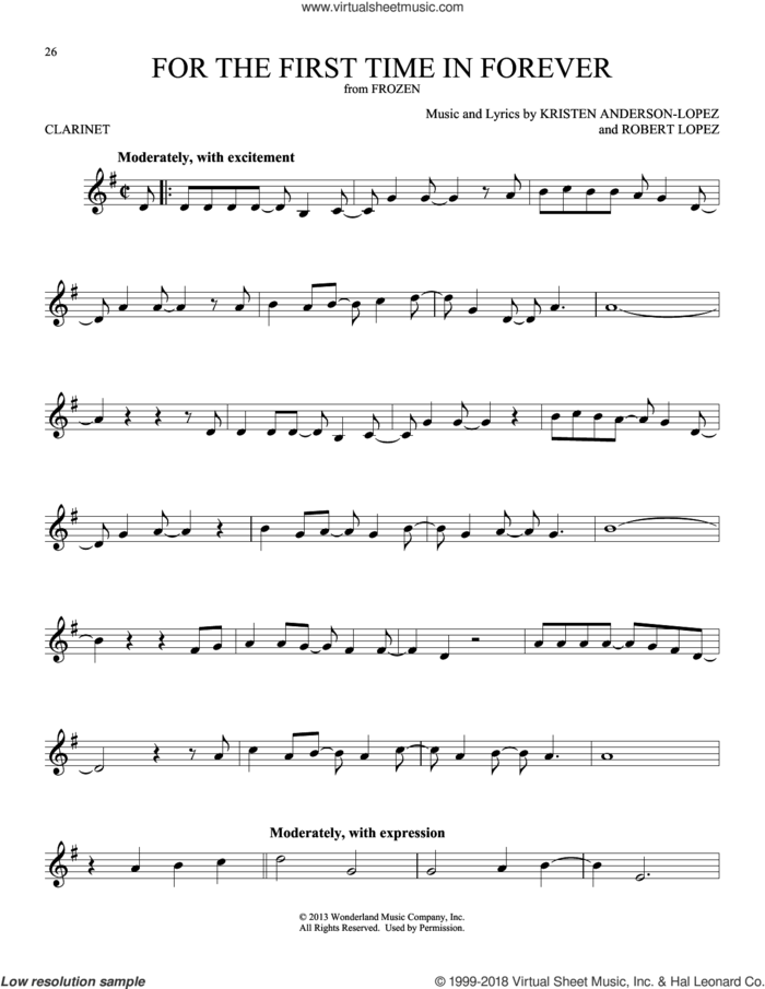 For The First Time In Forever (from Frozen) sheet music for clarinet solo by Kristen Bell, Idina Menzel, Kristen Anderson-Lopez and Robert Lopez, intermediate skill level