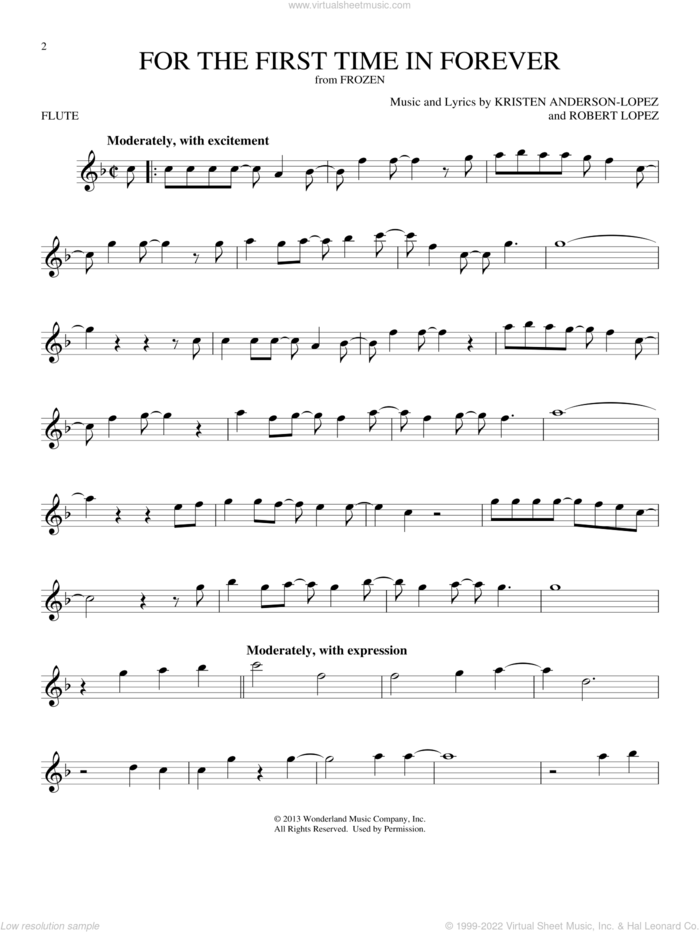 For The First Time In Forever (from Frozen) sheet music for flute solo by Kristen Bell, Idina Menzel, Kristen Anderson-Lopez and Robert Lopez, intermediate skill level
