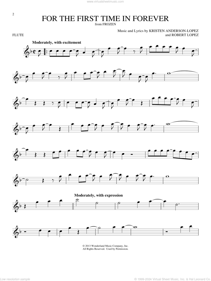 For The First Time In Forever (from Frozen) sheet music for flute solo by Kristen Bell, Idina Menzel, Kristen Anderson-Lopez and Robert Lopez, intermediate skill level