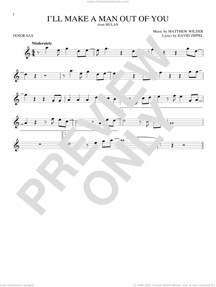 I'll Make A Man Out Of You (from Mulan) sheet music for tenor saxophone solo by David Zippel and Matthew Wilder, intermediate skill level