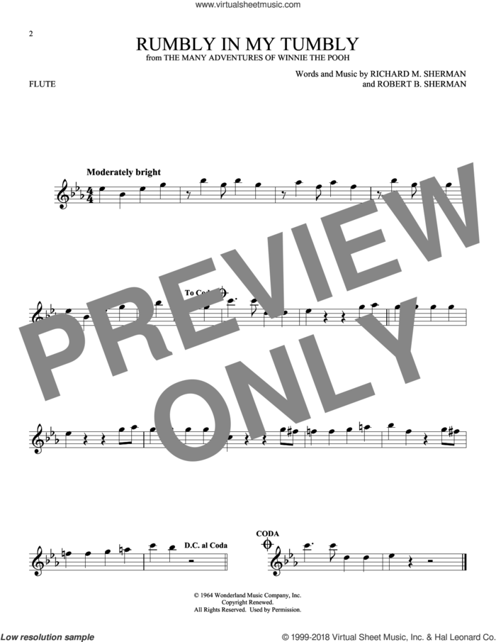 Rumbly In My Tumbly (from The Many Adventures Of Winnie The Pooh) sheet music for flute solo by Sherman Brothers, Richard M. Sherman and Robert B. Sherman, intermediate skill level