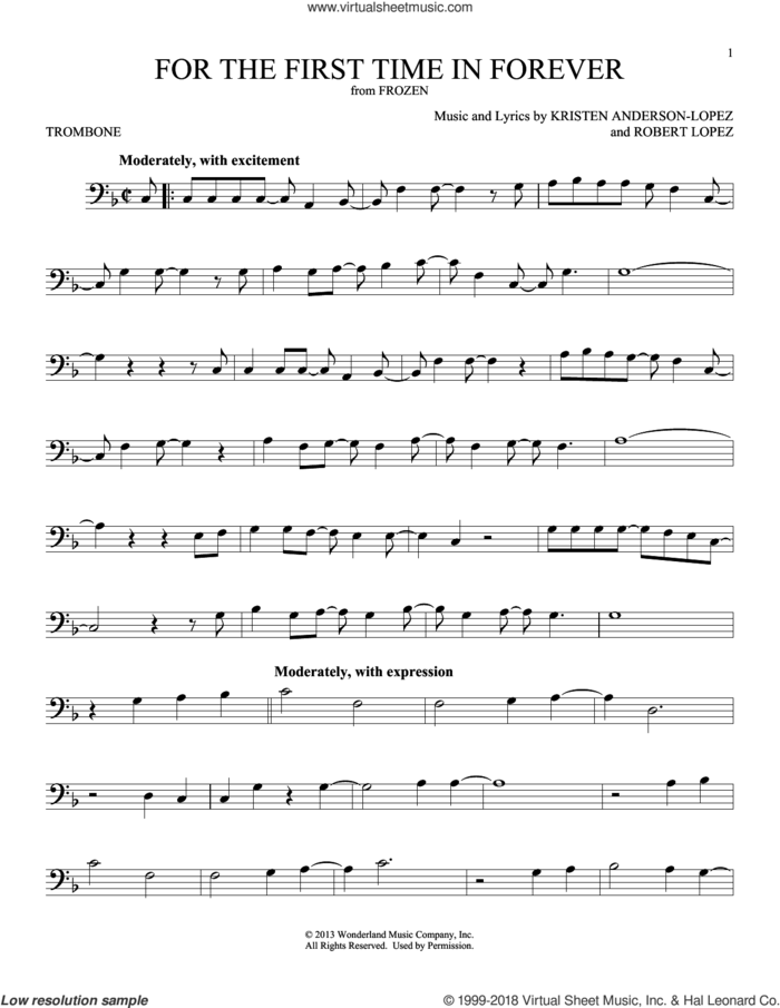 For The First Time In Forever (from Frozen) sheet music for trombone solo by Kristen Bell, Idina Menzel, Kristen Anderson-Lopez and Robert Lopez, intermediate skill level