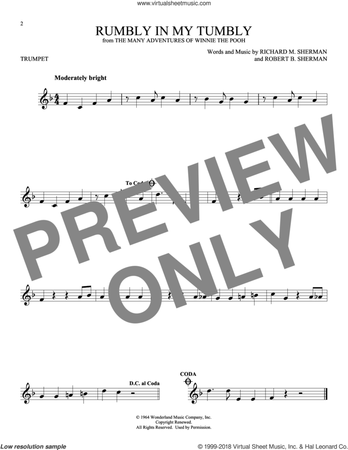 Rumbly In My Tumbly (from The Many Adventures Of Winnie The Pooh) sheet music for trumpet solo by Sherman Brothers, Richard M. Sherman and Robert B. Sherman, intermediate skill level