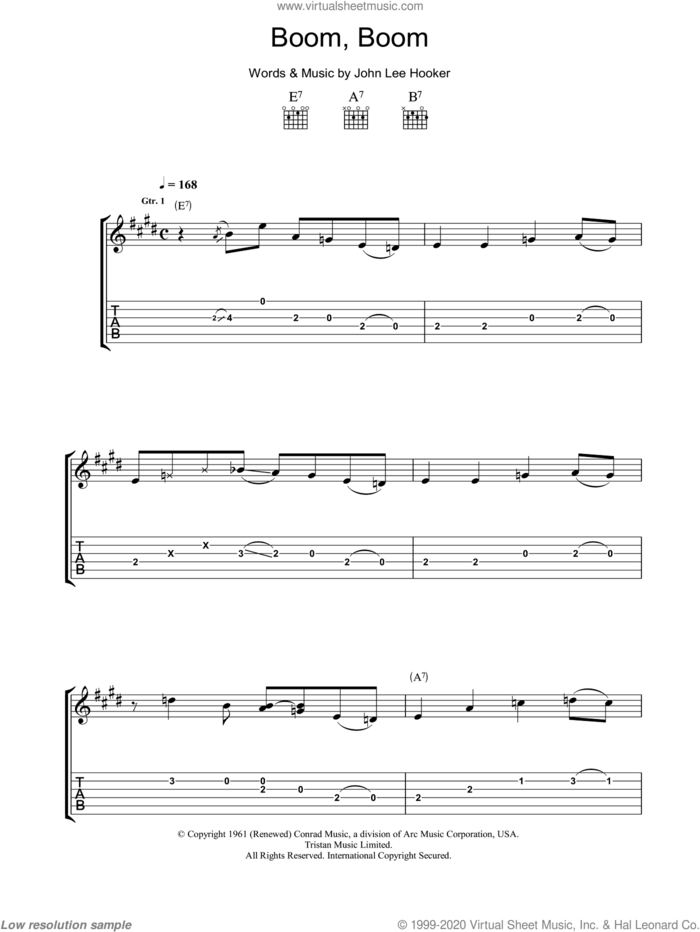 Boom Boom sheet music for guitar (tablature) by John Lee Hooker, intermediate skill level