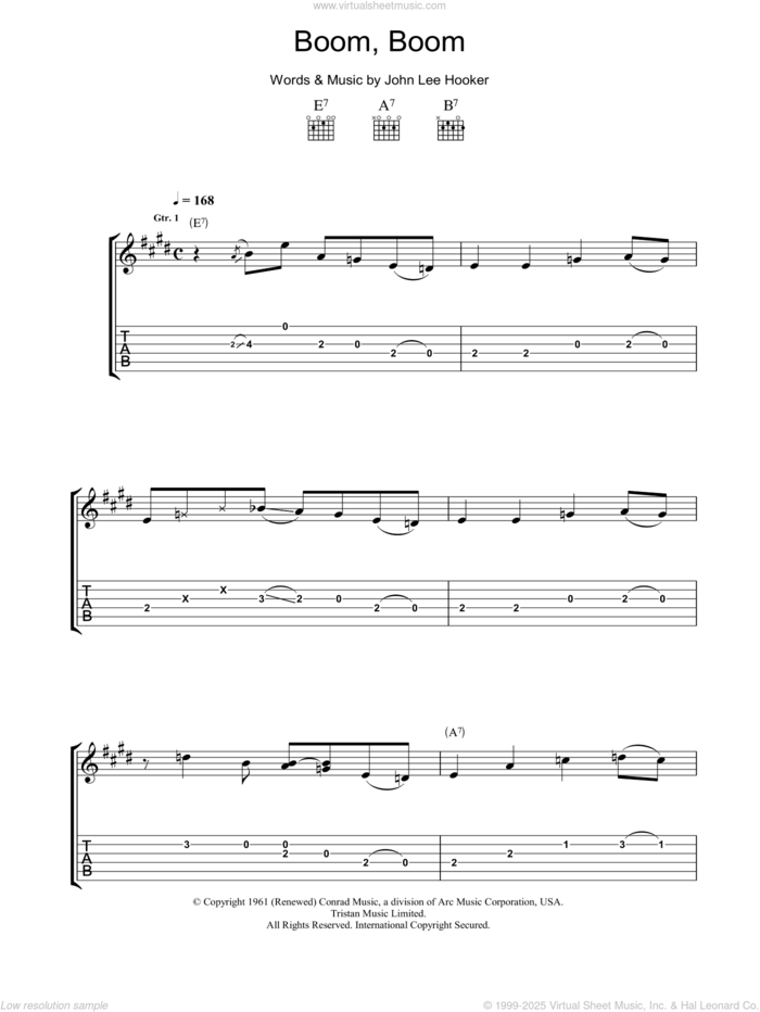 Boom Boom sheet music for guitar (tablature) by John Lee Hooker, intermediate skill level