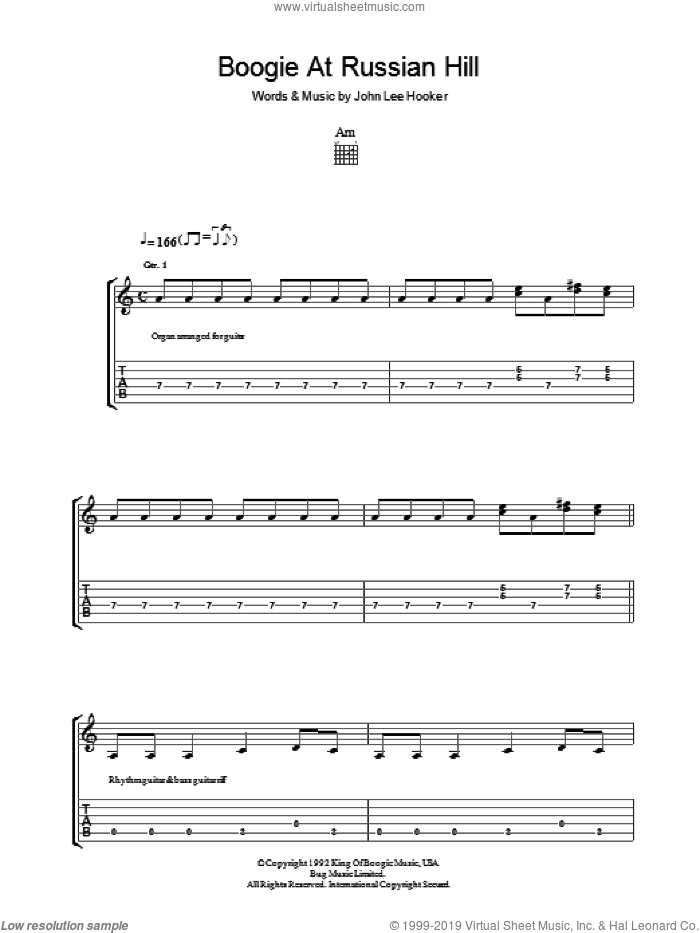 Boogie At Russian Hill sheet music for guitar (tablature) by John Lee Hooker, intermediate skill level