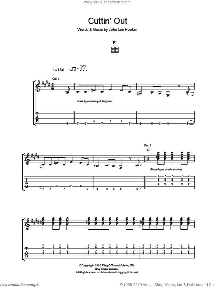 Cuttin' Out sheet music for guitar (tablature) by John Lee Hooker, intermediate skill level