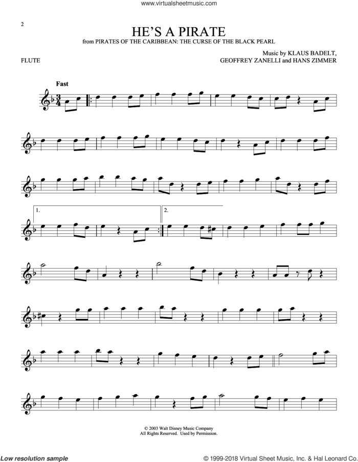 He's A Pirate (from Pirates Of The Caribbean: The Curse of the Black Pearl) sheet music for flute solo by Hans Zimmer, Geoffrey Zanelli and Klaus Badelt, intermediate skill level