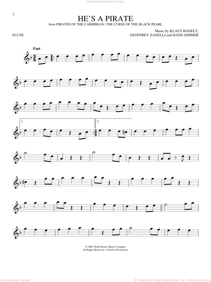 He's A Pirate (from Pirates Of The Caribbean: The Curse of the Black Pearl) sheet music for flute solo by Hans Zimmer, Geoffrey Zanelli and Klaus Badelt, intermediate skill level