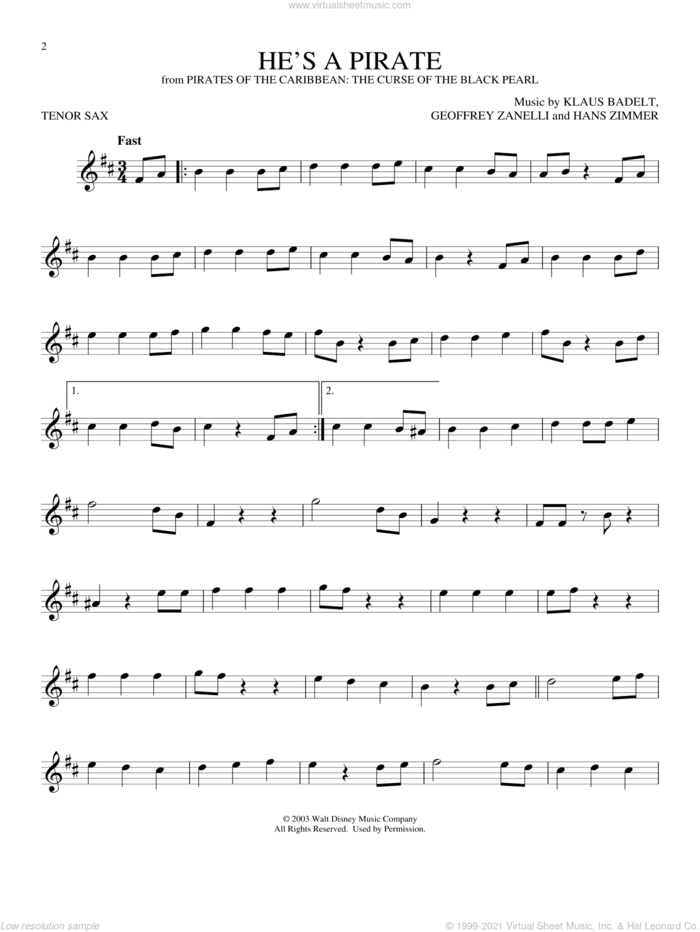 He's A Pirate (from Pirates Of The Caribbean: The Curse of the Black Pearl) sheet music for tenor saxophone solo by Hans Zimmer, Geoffrey Zanelli and Klaus Badelt, intermediate skill level