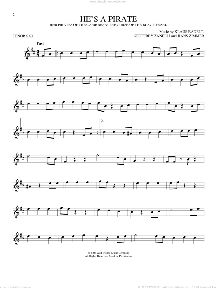 He's A Pirate (from Pirates Of The Caribbean: The Curse of the Black Pearl) sheet music for tenor saxophone solo by Hans Zimmer, Geoffrey Zanelli and Klaus Badelt, intermediate skill level