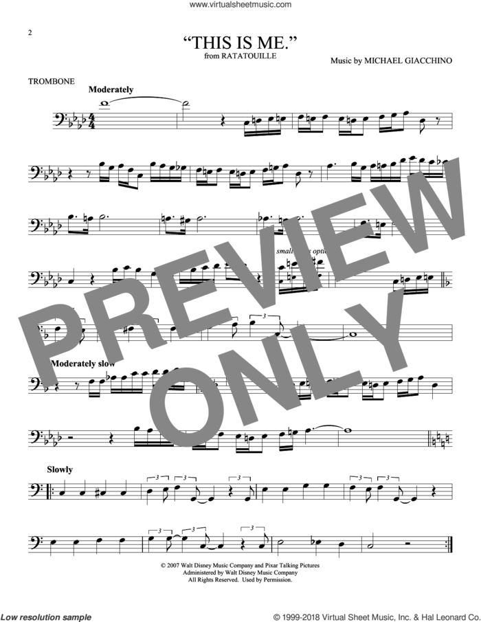 'This is me.' (from Ratatouille) sheet music for trombone solo by Michael Giacchino, intermediate skill level