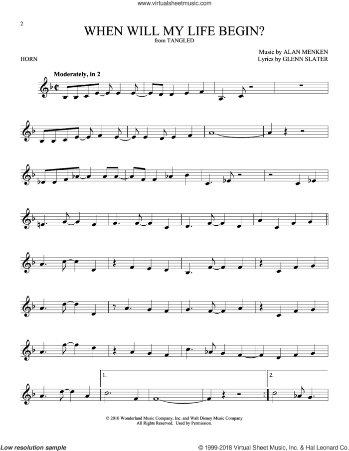 When Will My Life Begin? (from Tangled) sheet music for horn solo by Mandy Moore, Alan Menken and Glenn Slater, intermediate skill level