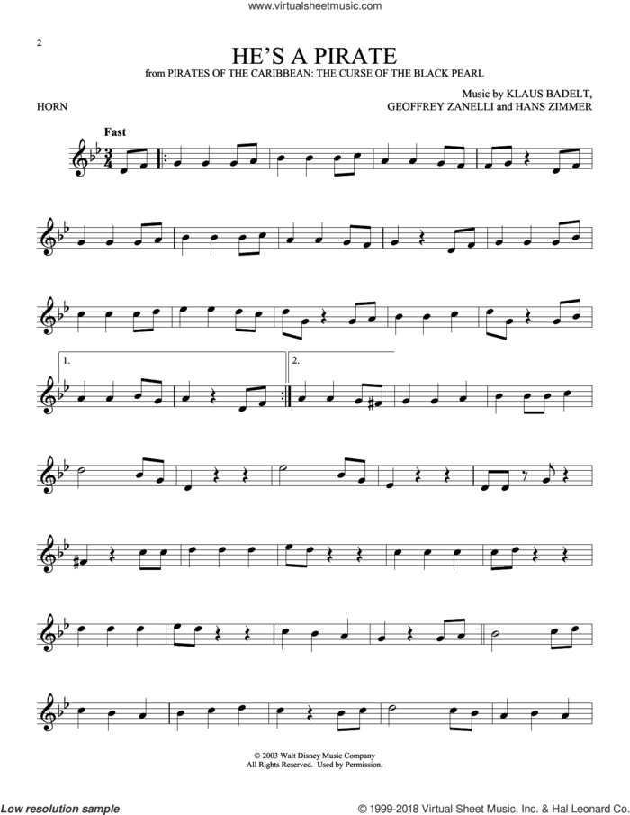 He's A Pirate (from Pirates Of The Caribbean: The Curse of the Black Pearl) sheet music for horn solo by Hans Zimmer, Geoffrey Zanelli and Klaus Badelt, intermediate skill level