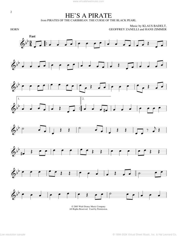 He's A Pirate (from Pirates Of The Caribbean: The Curse of the Black Pearl) sheet music for horn solo by Hans Zimmer, Geoffrey Zanelli and Klaus Badelt, intermediate skill level