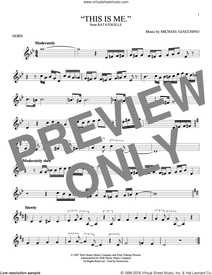 'This is me.' (from Ratatouille) sheet music for horn solo by Michael Giacchino, intermediate skill level
