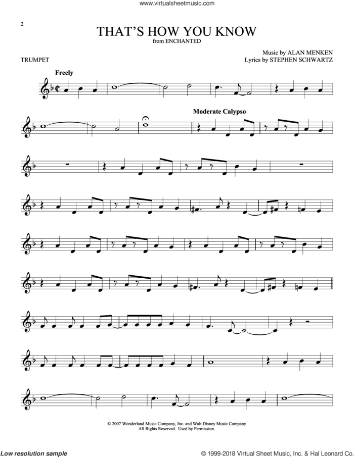 That's How You Know (from Enchanted) sheet music for trumpet solo by Alan Menken, Amy Adams and Stephen Schwartz, intermediate skill level