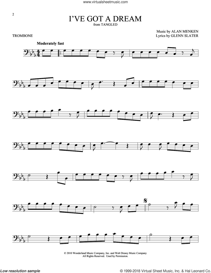 I've Got A Dream (from Tangled) sheet music for trombone solo by Alan Menken, Mandy Moore and Glenn Slater, intermediate skill level