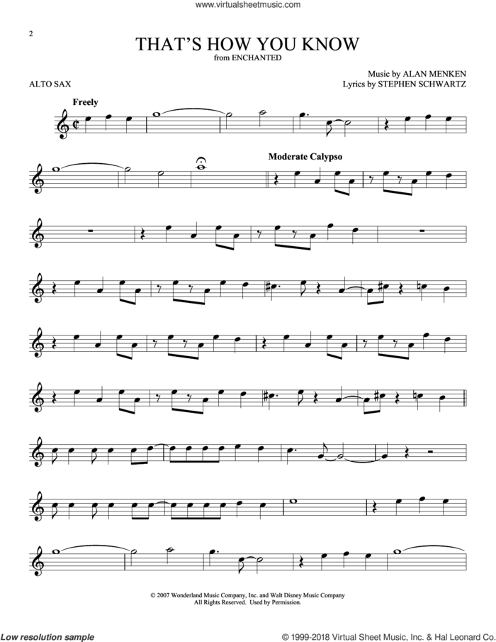 That's How You Know (from Enchanted) sheet music for alto saxophone solo by Alan Menken, Amy Adams and Stephen Schwartz, intermediate skill level