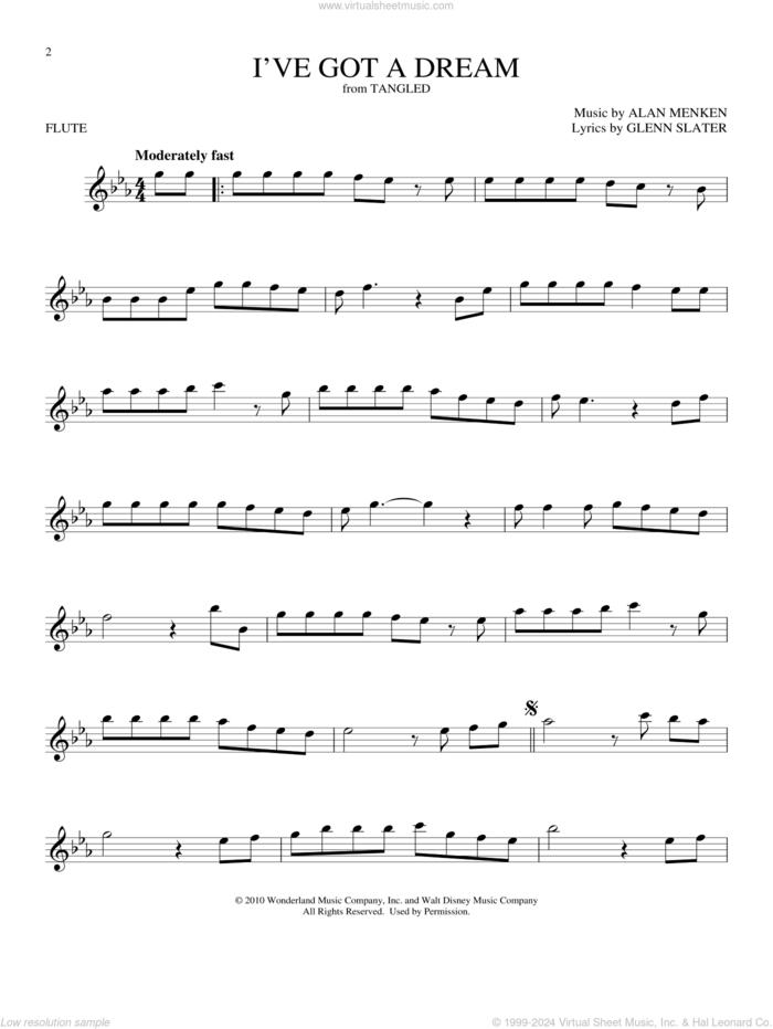 I've Got A Dream (from Tangled) sheet music for flute solo by Mandy Moore, Alan Menken and Glenn Slater, intermediate skill level