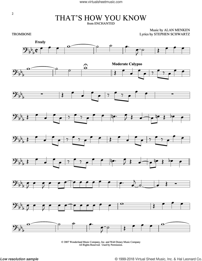That's How You Know (from Enchanted) sheet music for trombone solo by Alan Menken, Amy Adams and Stephen Schwartz, intermediate skill level