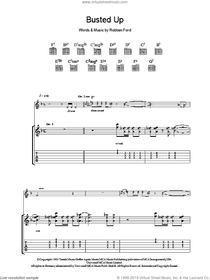Busted Up sheet music for guitar (tablature) by Robben Ford, intermediate skill level