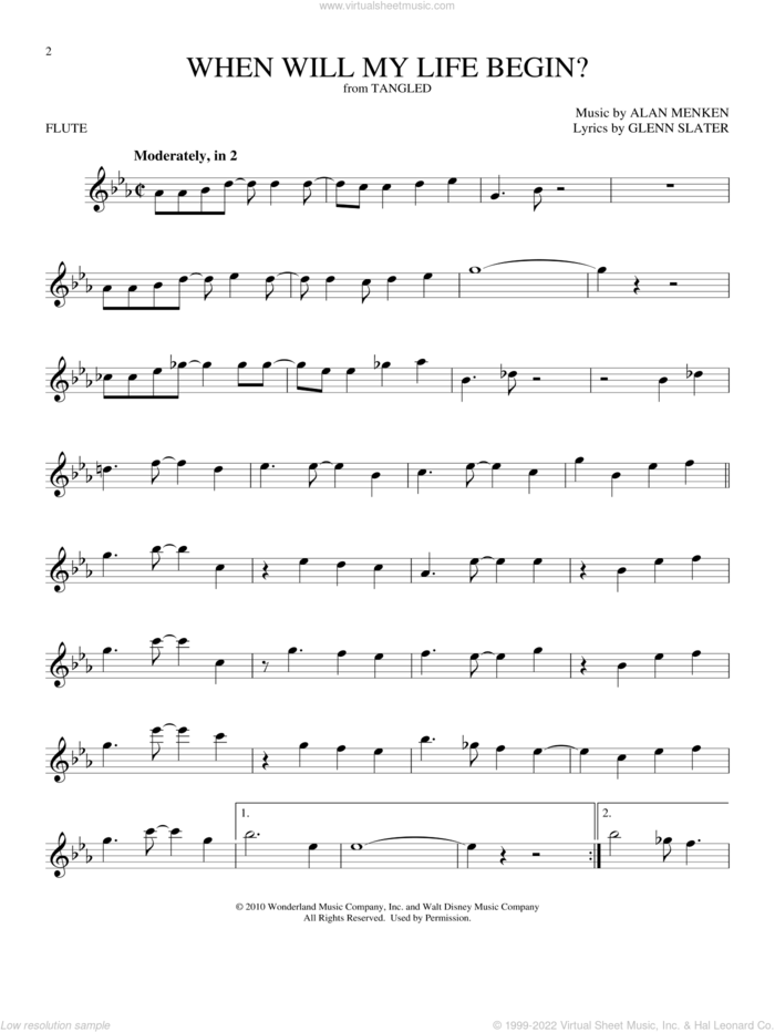When Will My Life Begin? (from Disney's Tangled) sheet music for flute solo by Mandy Moore, Alan Menken and Glenn Slater, intermediate skill level