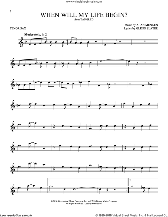 When Will My Life Begin? (from Tangled) sheet music for tenor saxophone solo by Mandy Moore, Alan Menken and Glenn Slater, intermediate skill level