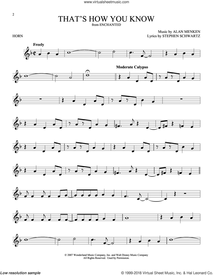 That's How You Know (from Enchanted) sheet music for horn solo by Alan Menken and Stephen Schwartz, intermediate skill level