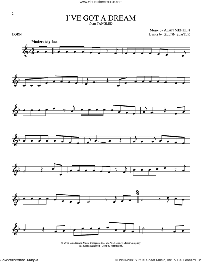 I've Got A Dream (from Tangled) sheet music for horn solo by Mandy Moore, Alan Menken and Glenn Slater, intermediate skill level