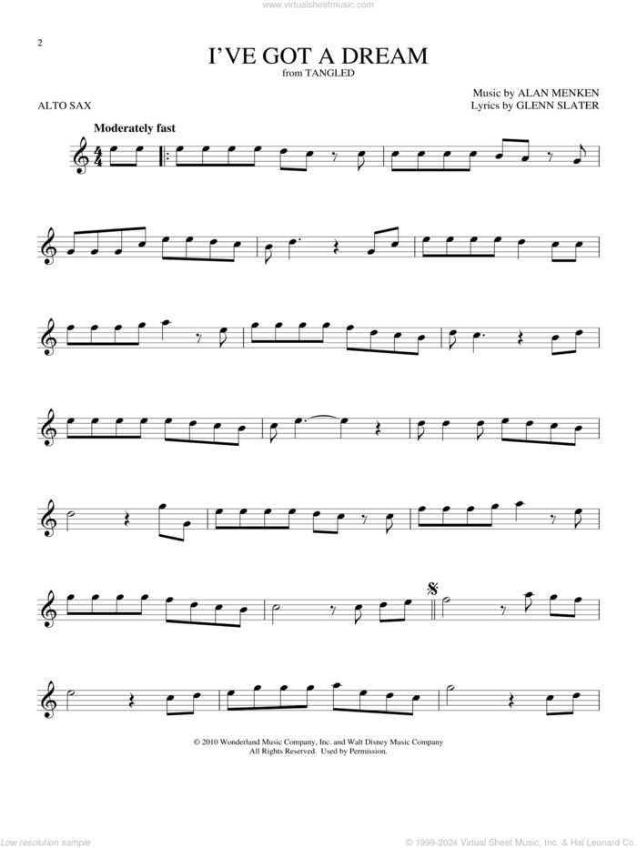 I've Got A Dream (from Tangled) sheet music for alto saxophone solo by Mandy Moore, Alan Menken and Glenn Slater, intermediate skill level