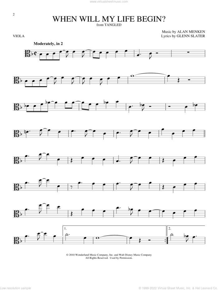 When Will My Life Begin? (from Tangled) sheet music for viola solo by Mandy Moore, Alan Menken and Glenn Slater, intermediate skill level