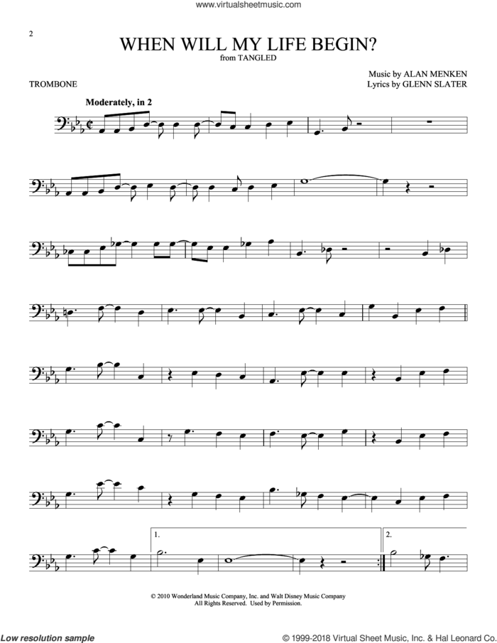When Will My Life Begin? (from Tangled) sheet music for trombone solo by Mandy Moore, Alan Menken and Glenn Slater, intermediate skill level