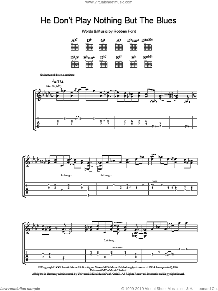 He Don't Play Nothing But The Blues sheet music for guitar (tablature) by Robben Ford, intermediate skill level