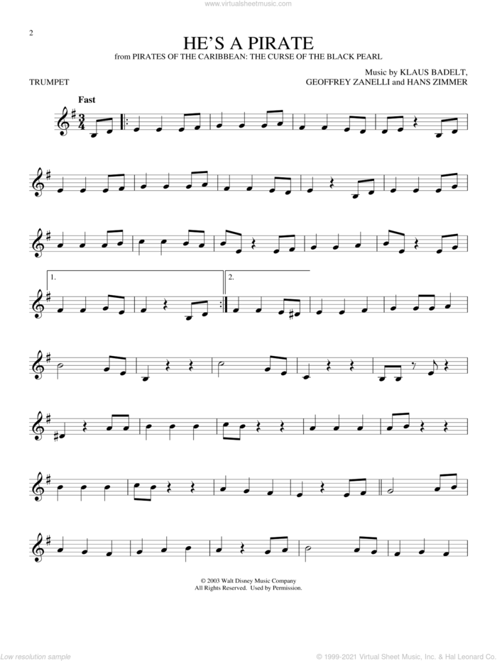 He's A Pirate (from Pirates Of The Caribbean: The Curse of the Black Pearl) sheet music for trumpet solo by Hans Zimmer, Geoffrey Zanelli and Klaus Badelt, intermediate skill level