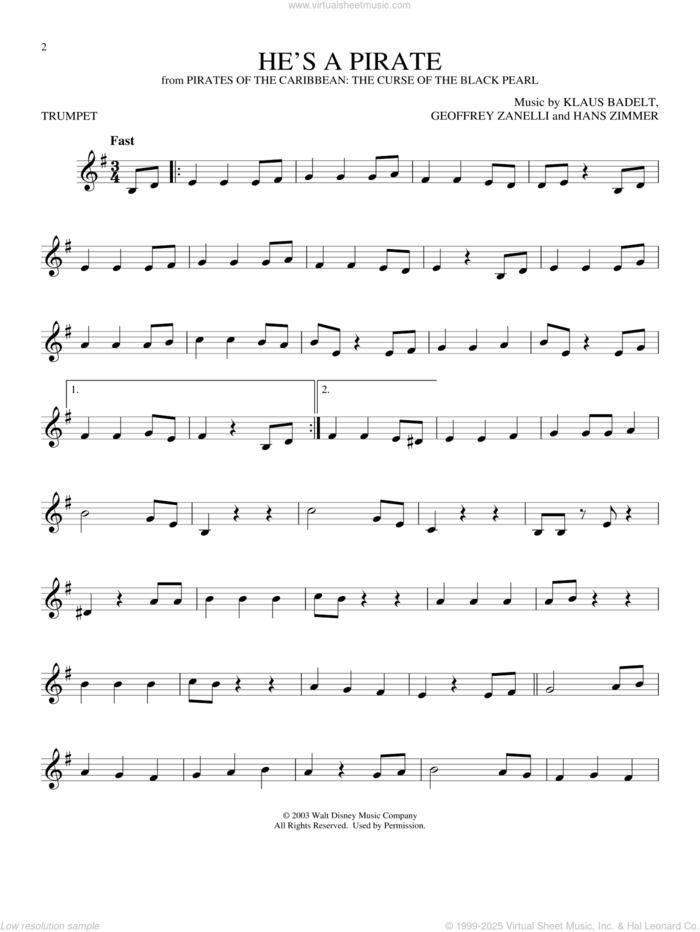 He's A Pirate (from Pirates Of The Caribbean: The Curse of the Black Pearl) sheet music for trumpet solo by Hans Zimmer, Geoffrey Zanelli and Klaus Badelt, intermediate skill level