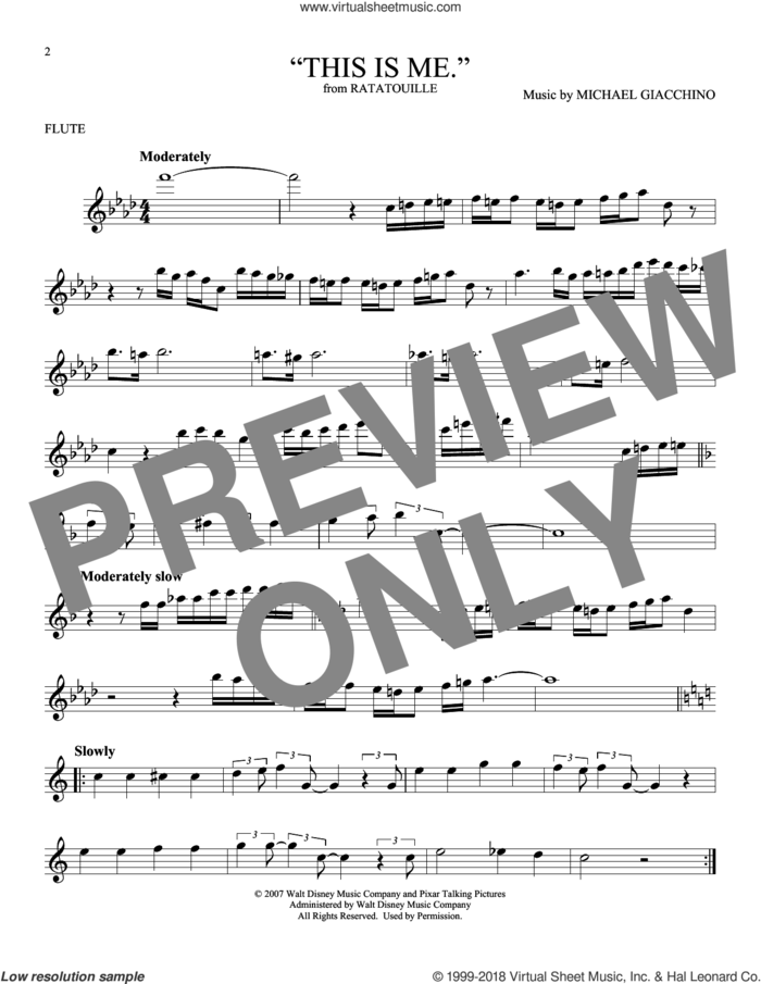 'This is me.' sheet music for flute solo by Michael Giacchino, intermediate skill level