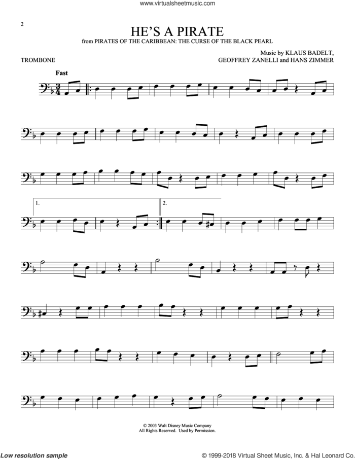 He's A Pirate (from Pirates Of The Caribbean: The Curse of the Black Pearl) sheet music for trombone solo by Hans Zimmer, Geoffrey Zanelli and Klaus Badelt, intermediate skill level