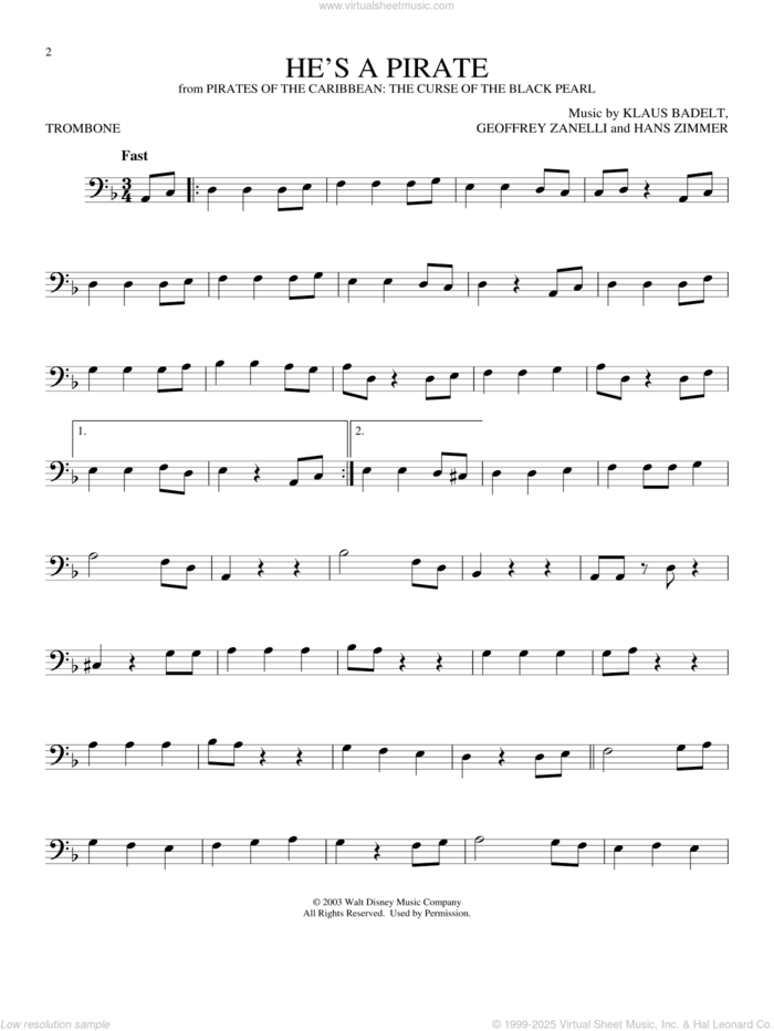 He's A Pirate (from Pirates Of The Caribbean: The Curse of the Black Pearl) sheet music for trombone solo by Hans Zimmer, Geoffrey Zanelli and Klaus Badelt, intermediate skill level