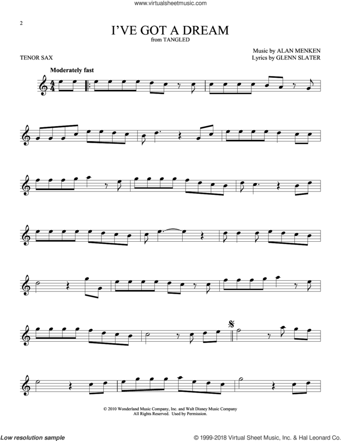 I've Got A Dream (from Tangled) sheet music for tenor saxophone solo by Alan Menken and Glenn Slater, intermediate skill level