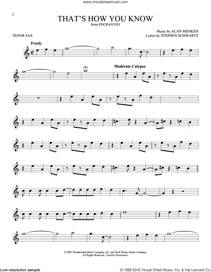 That's How You Know (from Enchanted) sheet music for tenor saxophone solo by Alan Menken, Amy Adams and Stephen Schwartz, intermediate skill level