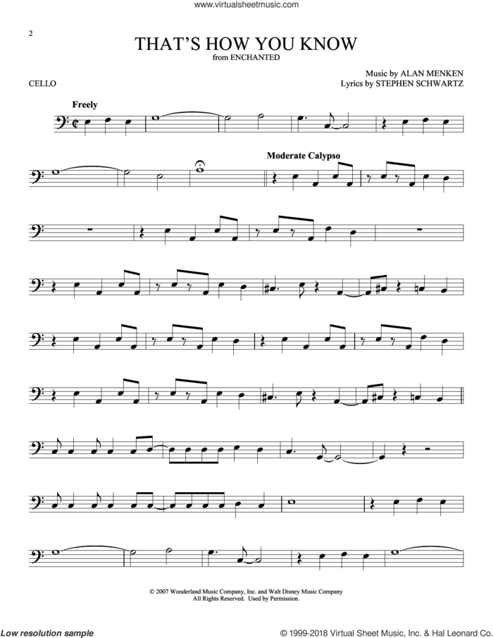 That's How You Know (from Enchanted) sheet music for cello solo by Alan Menken, Amy Adams and Stephen Schwartz, intermediate skill level