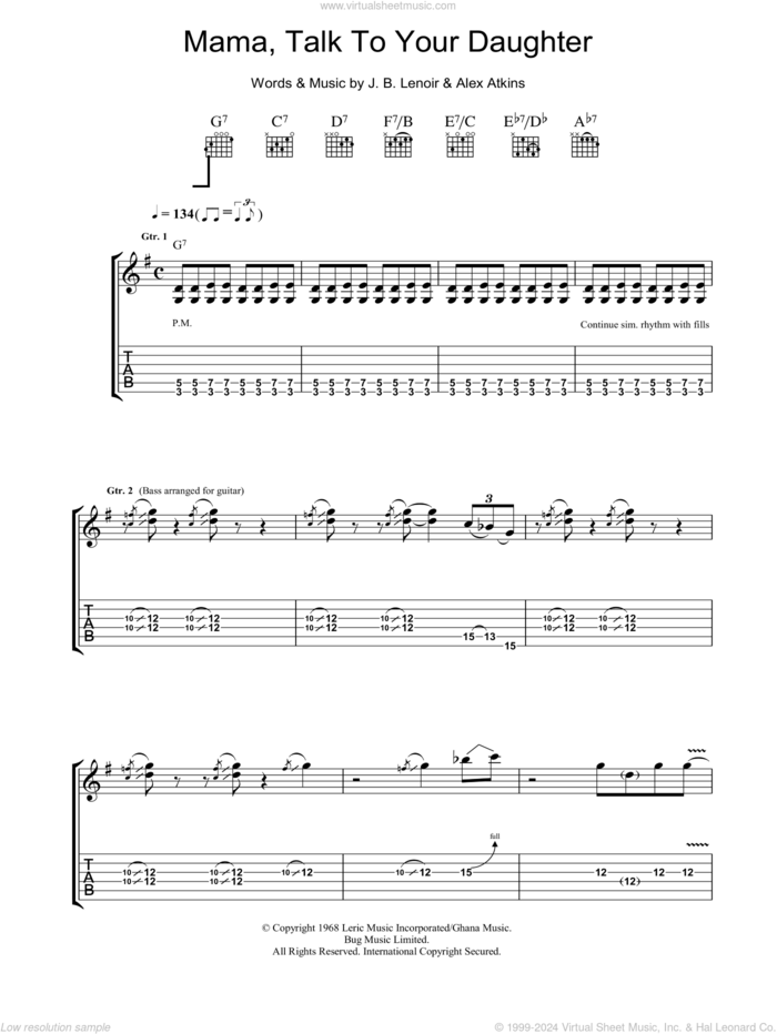 Mama, Talk To Your Daughter sheet music for guitar (tablature) by Robben Ford, Alex Atkins and J.B. Lenoir, intermediate skill level