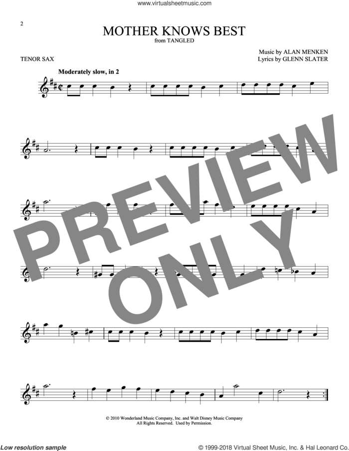 Mother Knows Best (from Disney's Tangled) sheet music for tenor saxophone solo by Alan Menken, Donna Murphy and Glenn Slater, intermediate skill level