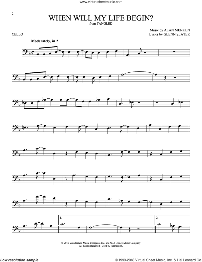 When Will My Life Begin? (from Disney's Tangled) sheet music for cello solo by Mandy Moore, Alan Menken and Glenn Slater, intermediate skill level