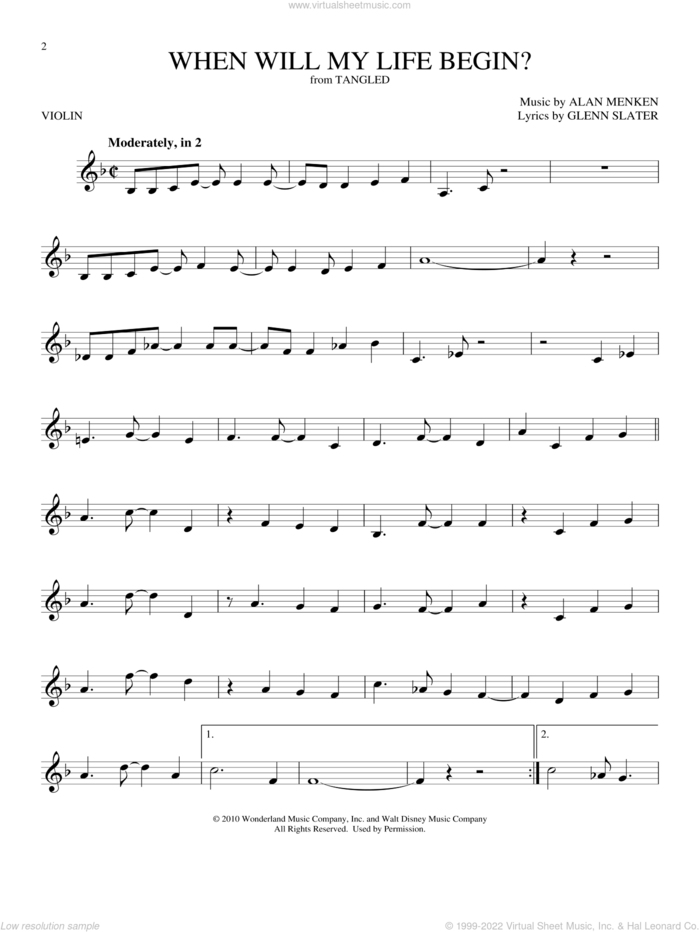 When Will My Life Begin? (from Disney's Tangled) sheet music for violin solo by Mandy Moore, Alan Menken and Glenn Slater, intermediate skill level